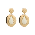 Detail of gold geometric drop earrings featuring hammered texture and white teardrop inlay - Off White