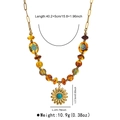 Close-up of beaded necklace with sunflower pendant and detailed size measurements - Turquoise Flower