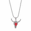 Detail of bull skull pendant with red gemstone and silver ball chain in retro style - N13207