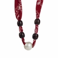 Detail of red paisley fabric choker with dark wood beads and a large white faux pearl - Red
