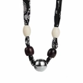 Detail of leopard print fabric strap necklace with white beads and large polished silver ball - Silver Ball Style (White K)