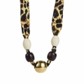 Detailed close-up of leopard print fabric necklace with gold metal sphere and beads - Gold Ball Style (Gold)