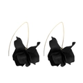 Detail of matte black multi-layered floral earrings with slim gold long wire hooks - Black