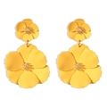 Detail of yellow double-layered floral earrings with matte finish and golden bead center - Yellow (A865)