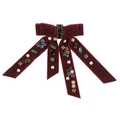 Close-up of deep red velvet double bow hair clip with colorful rhinestones and pearls - Burgundy
