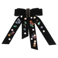 Velvet bow hair clip with colorful gemstones, crystals, and long tassels on white back - Black