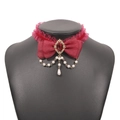 Retro red velvet bow choker with gold alloy details and hanging faux pearl drop - Red