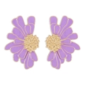Detailed view of vintage purple enamel daisy stud earrings with gold metal accents - Purple