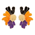 Close-up of retro floral stud earrings with black orange and purple enamel petals - Black Orange Purple