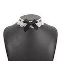 Detailed view of white lace choker necklace featuring a black satin bow on mannequin - White Base Black
