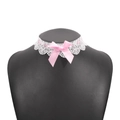 Elegant white lace choker necklace featuring a pink satin ribbon and center bow detail - White Pink