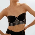 Exaggerated gold bikini body chain with sparkling rhinestones and metal tassels for beach parties - Tassel Chest Chain (7) / Gold