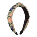 Detailopname van geborduurde bloemen op de beige geknoopte stoffen hoofdband - Kleurrijk Bloemenborduurwerk (Beige) / Beige
