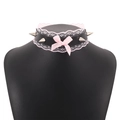 Punk black leather choker with pink lace floral trim, satin bow, and silver metal studs - Black + Pink