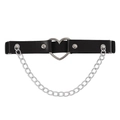 Detail of a punk black leather garter featuring a silver heart ring and metal chain - Heart Hollow Long Chain Style (C0338) / Black