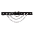 Close-up of gothic black leather leg ring with silver heart ring and punk metal chains - Heart Spike Rivet Layered Chain Style (C0340) / Black