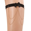 Sexy black elastic leg garter with satin bow and gold chain fringe tassels for women - Gold