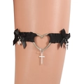 Jarretière en dentelle noire avec anneau cœur, croix en métal et clochettes - Noir