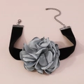 Detailed close-up of a large grey fabric rose choker with black velvet ribbon and silver clasp - Gray Vintage Velvet 3D Rose Choker (N10866)