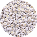 Detailed macro view of white acrylic beads with golden star and moon symbols for DIY jewelry - 100pcs Pack / White with Gold Pattern