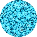 Macro shot of sky blue acrylic flat beads with black star, moon, and heart DIY patterns - 100pcs Pack / Blue