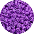 Macro detail of purple acrylic round beads with black star and heart patterns for DIY crafts - 100pcs Pack / Deep purple