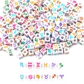 Macro view of white square acrylic beads with colorful zodiac symbols for DIY bracelets - 15g Pack (Approx. 50 Pcs) / White with Colored Lines