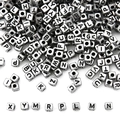 Close-up of 5x5mm vintage silver acrylic square alphabet beads for DIY jewelry making - 5x5mm (Approx 200 Pieces/Pack) / Antique Silver with Black Text