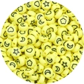 Flat round yellow acrylic beads with black star and moon patterns for DIY jewelry - 100pcs Pack / Yellow