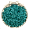 Teal green glass seed beads for DIY jewelry making displayed in a silver tray - Peacock Blue