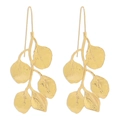 Retro golden leaf drop earrings with realistic textured metal branch design on white background - Gold Eucalyptus Leaf Drop Hook Earrings (E10878)
