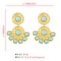 Detail view of retro zinc alloy earrings with textured gold finish and turquoise stones - E11348