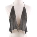 Sexy black metal mesh halter body chain top with deep V-neck and layered chains - Black