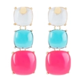 Détail de boucles d'oreilles géométriques à trois couches avec monture en métal doré - Boucles d'oreilles pendantes color block blanc bleu rouge (E11771)