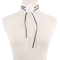 Detail view of handmade white fabric rose choker with black leather wrap cord - White