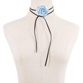 French vintage style light blue fabric rose flower choker with black ribbon tie - Blue