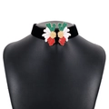 Detailed close-up of retro floral choker with tricolor enamel on black velvet band - Green White Red
