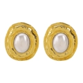 Macro detail of irregular wave gold-toned pearl earrings with vintage texture - Gold Irregular Wave Pearl Earrings(E12742)