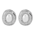 Detailed macro view of silver alloy earrings with textured metal and oval pearl inlays - Silver Irregular Wave Pearl Earrings(E12743)