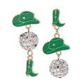 Detalle de pendientes de cowboy asimétricos con sombrero verde, bota y bolas de disco - Verde oscuro