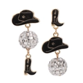 Detail of asymmetric western earrings featuring cowboy hat, boot and disco ball - Black