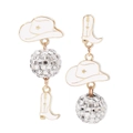 Detail of asymmetrical cowboy hat and boot earrings with disco ball elements - White