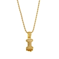Close-up of gold hip-hop letter I pendant with sparkling cubic zirconia on rope chain - Letter I