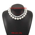 Detailed view of double-layer oversized pearl necklace showing 16-20 inch length specs - Double Layer Artificial Pearl Style (N11727) / White