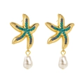 Détail de boucles d'oreilles étoile de mer avec strass sarcelle et perles baroques - Boucles d'Oreilles Perle Artificielle Baroque Étoile de Mer Strass Doré (E12537)