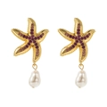 Détails de boucles d'oreilles étoile de mer avec strass roses et perles baroques - Boucles d'Oreilles Perle Artificielle Baroque Étoile de Mer Strass Rose Violet Doré (E12538)