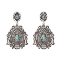 Vintage bohemian drop earrings with teardrop turquoise stones in carved silver finish - Sunflower Waterdrop Style (Style 4)
