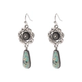 Detailed shot of vintage engraved silver earrings with turquoise teardrop pendants - Waterdrop Floral Style (Style 2)