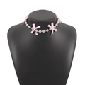 Y2K beaded choker necklace with silver metal beads and pink ribbon bow details - Pink