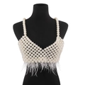 Close-up of luxury pearl beaded bralette featuring delicate white feather fringe trim - Pearl White